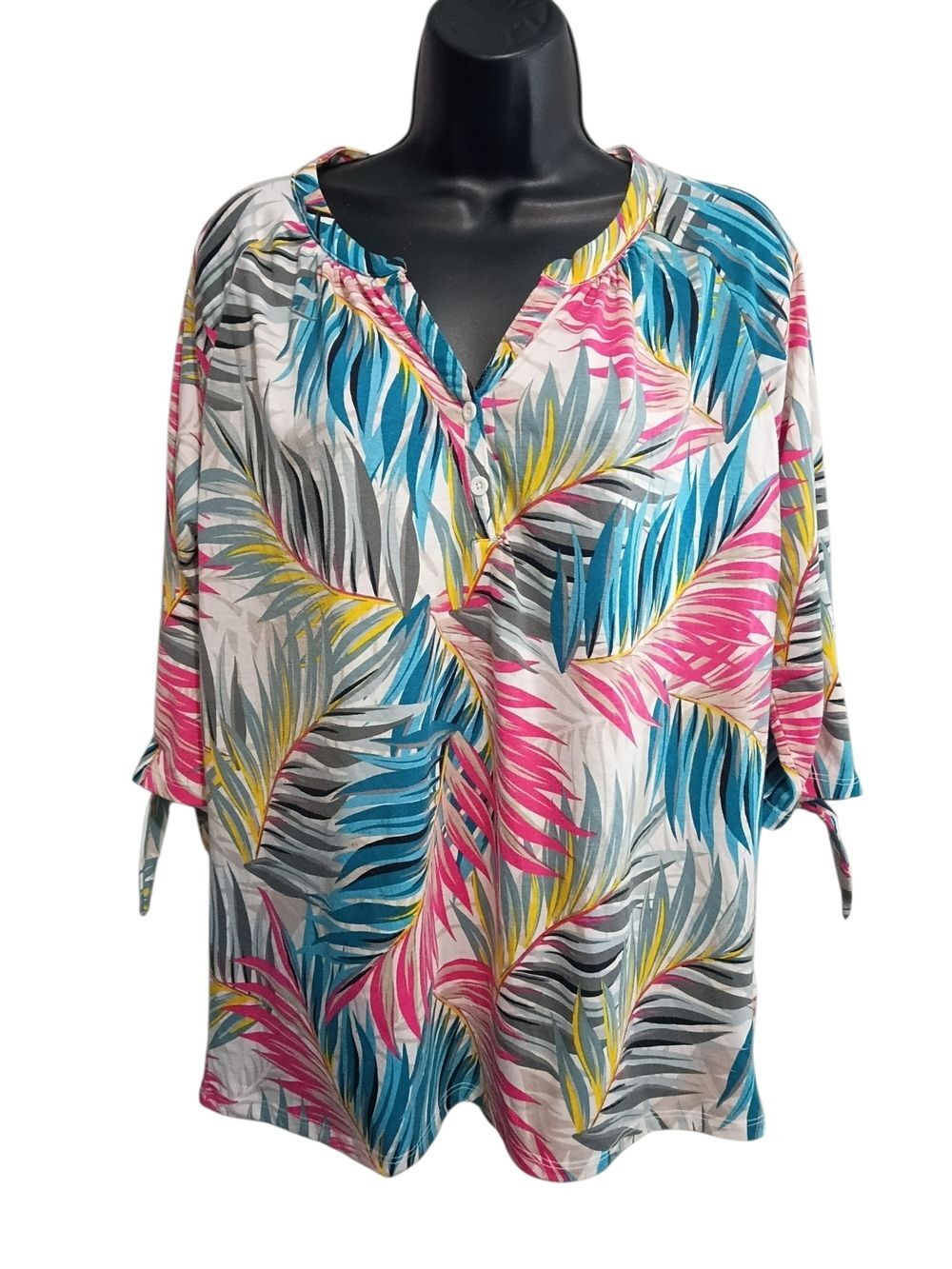 Caribbean Joe Shirt L, Tropical Leaf Print V-Neck Blouse in Teal, Pink & Yellow